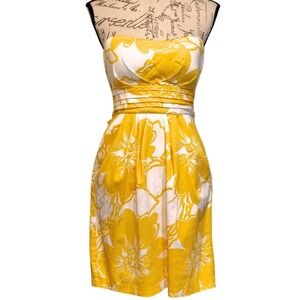 Y2K Snap Sunshine Yellow Floral Strapless Summer Dress 13 Pockets Garden Wedding